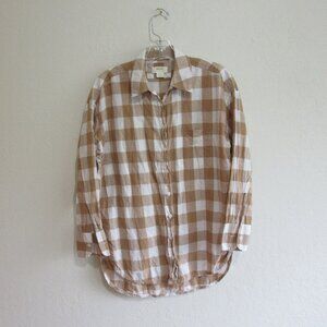 MAEVE Tan & White Buffalo Check XS Cotton Button Long Sleeve Blouse Collar Shirt